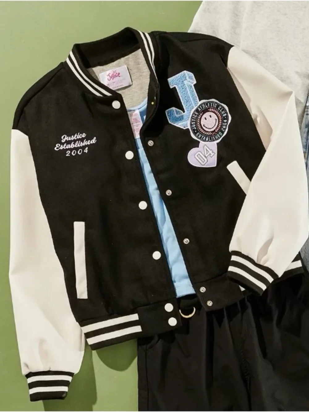 NWT - Justice Black and White Letterman Bomber Jacket with Patches